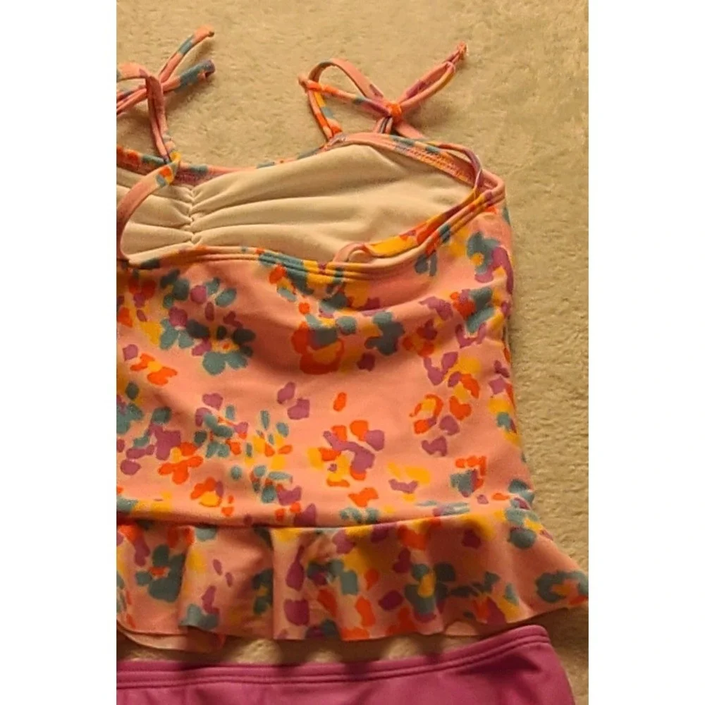 Cat & Jack Girls XL 14 Tankini Swimsuit Pink Abstract Floral Ruffle 2 Piece Set